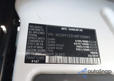 2019 Mercedes-Benz Sprinter 2500 High Roof V6 z USA, uszkodzony, nr VIN WD3PF1CD1KP102641